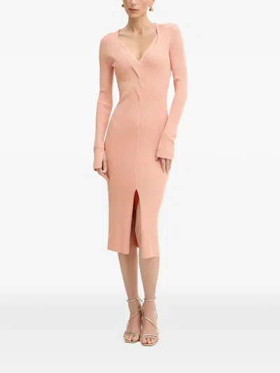 Patrizia Pepe Ribbed Split V-neck Midi Dress In Pink