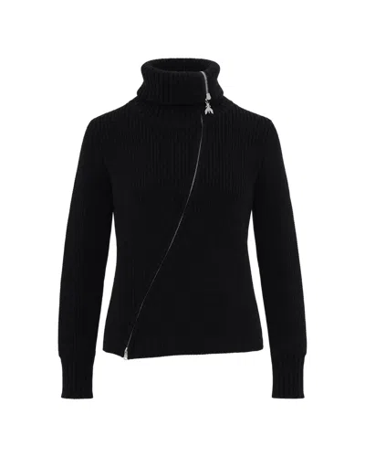 Patrizia Pepe Ribbed Zip-front Turtleneck Sweater In Black
