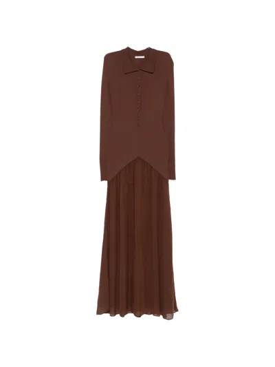 Patrizia Pepe Ribbed-knit Fluid-skirt Dress In Brown
