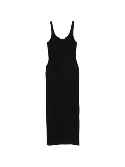 Patrizia Pepe Ribbed-knit Front-slit Midi Dress In Black