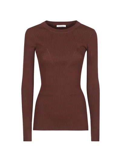 Patrizia Pepe Ribbed-knit Long-sleeve Sweater In Brown
