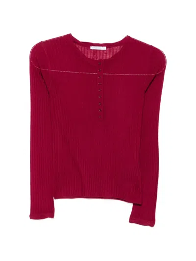 Patrizia Pepe Rib-knit Button-placket Sweater In Burgundy