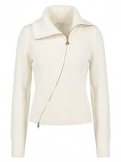 Patrizia Pepe Asymmetric-zip Ribbed-knit Cardigan In Neutral