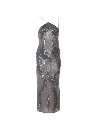 Patrizia Pepe Sequined Spaghetti-strap Maxi Dress In Gray