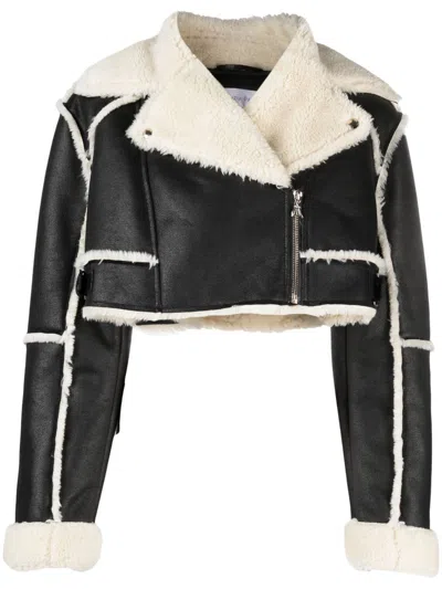 Patrizia Pepe Shearling-trim Cropped Jacket In Black