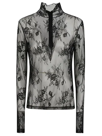Patrizia Pepe Sheer Lace Long Sleeve Turtleneck Sweater With Intricate Floral Patterns In Black