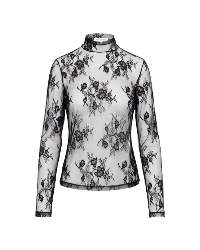 Patrizia Pepe Sheer Lace Long Sleeve Turtleneck Sweater With Intricate Floral Patterns In Black