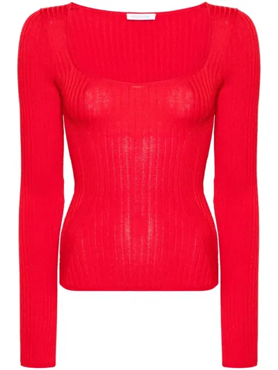 Patrizia Pepe Square-neck Ribbed-knit Jumper In Red