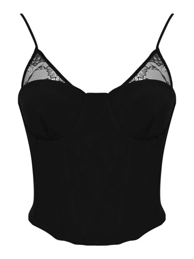 Patrizia Pepe Stretch Crepe Corset Top With Lace Details In Black