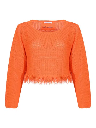 Patrizia Pepe Perforated Sweater With Fringes In Orange