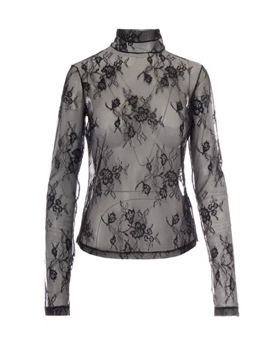 Patrizia Pepe Embroidered Tulle High-neck Top In Black