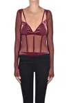 Patrizia Pepe Tulle Body With Velvet Inserts In Burgundy