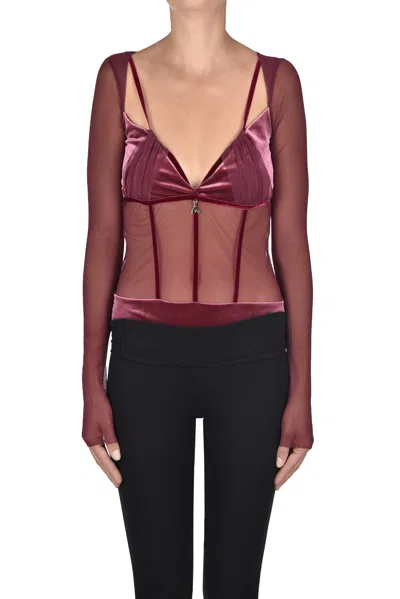 Patrizia Pepe Tulle Body With Velvet Inserts In Burgundy