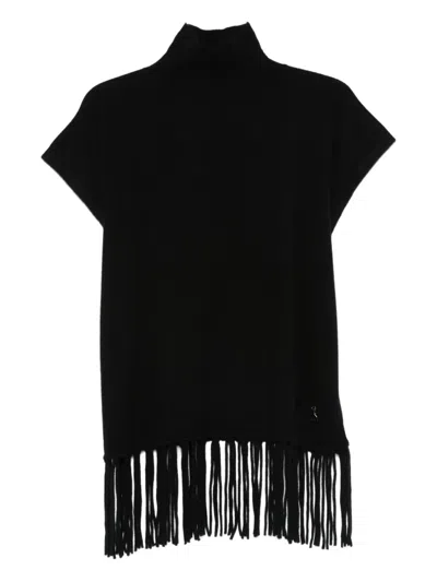Patrizia Pepe Turtleneck Fringe Poncho In Black