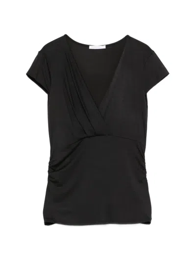 Patrizia Pepe V-neck Draped Modal T-shirt In Black