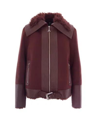 Patrizia Pepe Cropped Faux Fur Jacket With Classic Collar And Zip Pockets In Burgundy