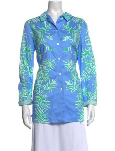Pre-owned Patty Kim Floral Print Long Sleeve Button-up Top In Blue