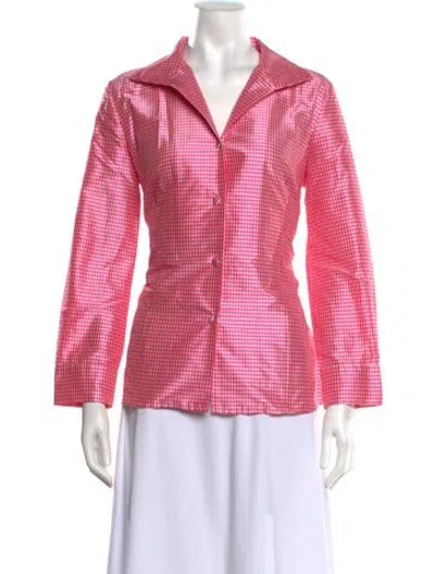 Pre-owned Patty Kim Silk Plaid Print Button-up Top In Pink