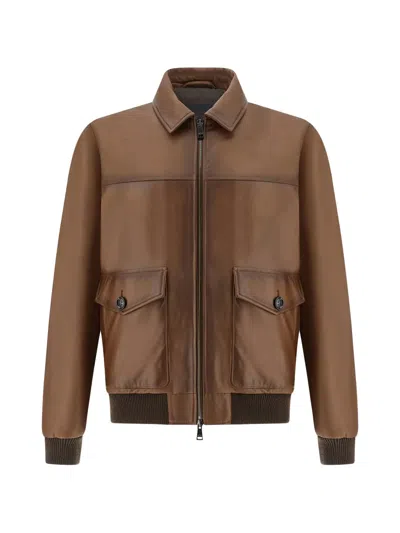 Paul & Shark Aqualeather Leather Bomber Jacket In Brown