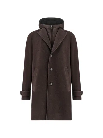 Paul & Shark Hooded Wool Coat In Brown