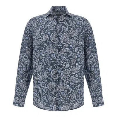 Paul & Shark Linen Shirt With Shark Paisley Pattern In Blue