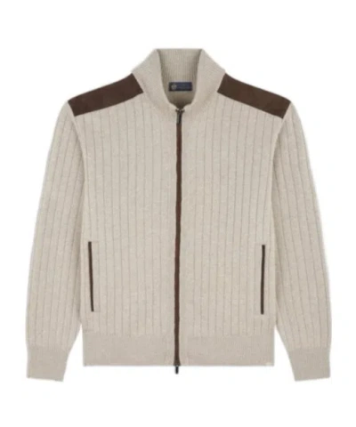 Paul & Shark Ribbed-knit Suede-panel Cardigan In Neutral
