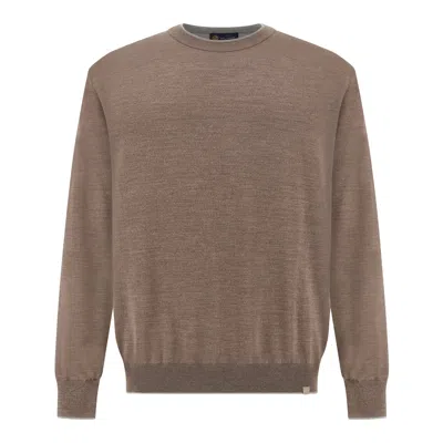 Paul & Shark Crew‑neck Sweater In Wool And Silk With Double Bicolor Collar In Brown