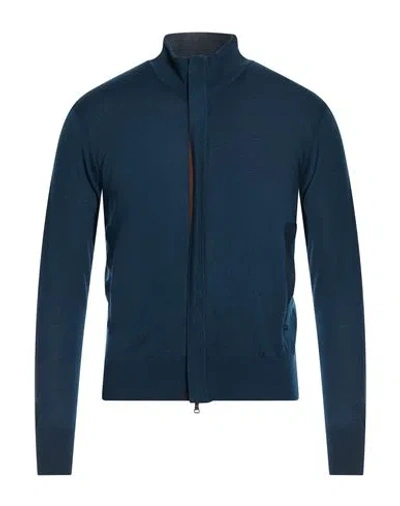 Paul & Shark Man Cardigan Deep Teal Size Xxl Virgin Wool, Lambskin In Blue