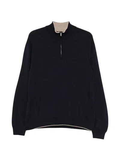 Paul & Shark Half-zip Knit Sweater With High Collar And Ribbed Detailing In Black