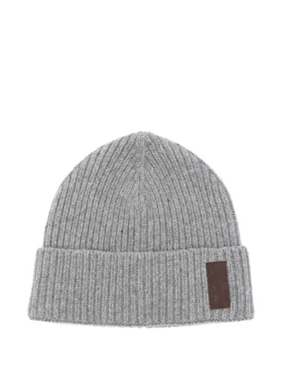 Paul & Shark Ribbed Leather-patch Beanie Hat In Gray