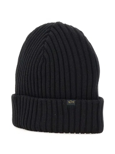 Paul & Shark Ribbed Logo-label Beanie In Black