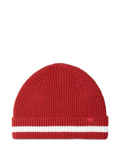 Paul & Shark Ribbed Striped Beanie Hat In Red