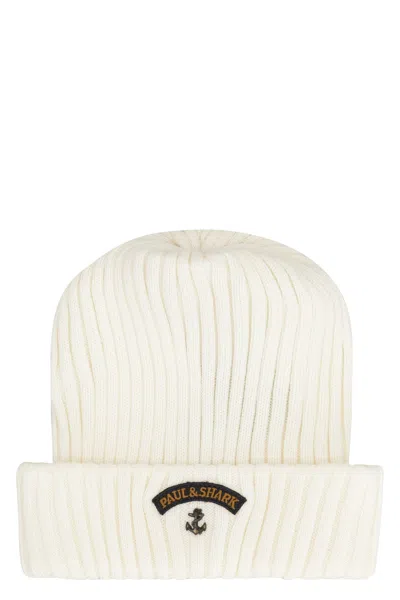Paul & Shark Ribbed Wool Beanie In White