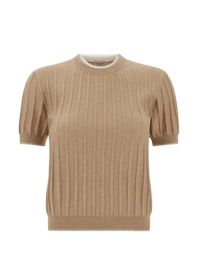 Paul & Shark Ribbed-knit Short-sleeve Sweater In Brown
