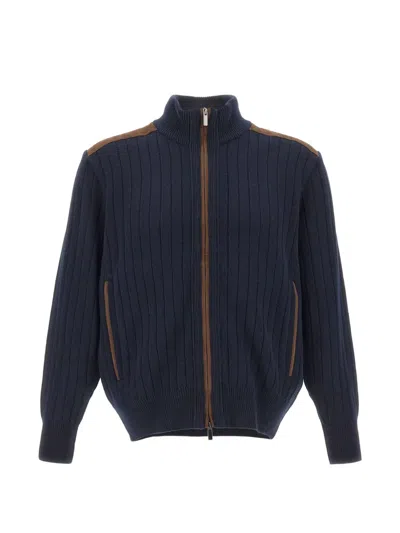 Paul & Shark Wool-cashmere Ribbed Knit Zip-through Knit In Blue