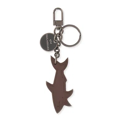 Paul & Shark Shark Saffiano Leather Keyring In Coffee