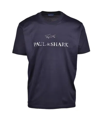 Paul & Shark Short-sleeve Cotton T-shirt With Shark Graphic In Blue