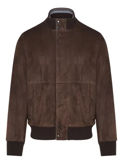Paul & Shark Suede Bomber Jacket In Brown