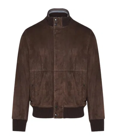 Paul & Shark Suede Bomber Jacket In Brown