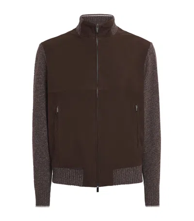 Paul & Shark Suede Knitted-sleeve Jacket In Brown