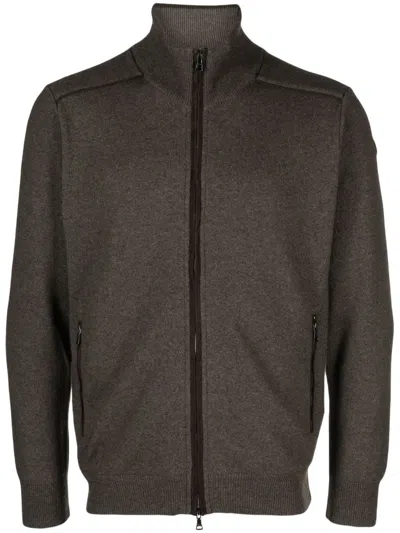 Paul & Shark Suede-trim Ribbed-knit Cardigan In Brown