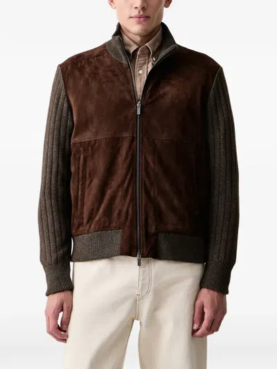 Paul & Shark Suede-panelled Ribbed-knit Jacket In 브라운