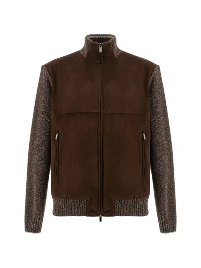 Paul & Shark Suede-panelled Zip-up Bomber Jacket In Brown