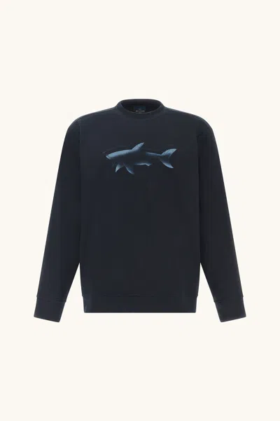 Paul & Shark Sweatshirt In Active Fleece Cotton With Shark Print In Black