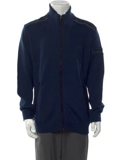 Pre-owned Paul & Shark Virgin Wool Mock Neck Cardigan In Blue