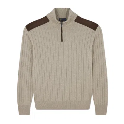 Paul & Shark Wool Cashmere Half Zip Sweater With Suede Details In Sand