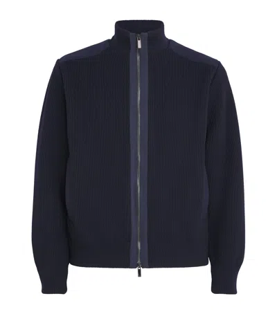 Paul & Shark Wool Panelled Ribbed Zipped Sweater In Blue