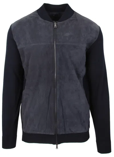 Pre-owned Paul & Shark Yachting Men's Lamb Leather Jacket Cardigan Size L Wool Blue