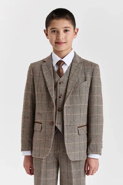 Paul Andrew Kids' 3 Piece Herringbone Check Wool Blend Tweed Suit In Brown