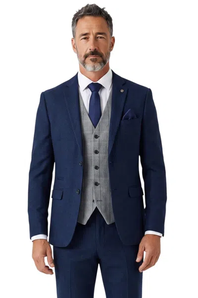 Paul Andrew Arthur Navy 3 Piece Tailored Fit Suit With Grey Tweed Check Waistcoat In Blue